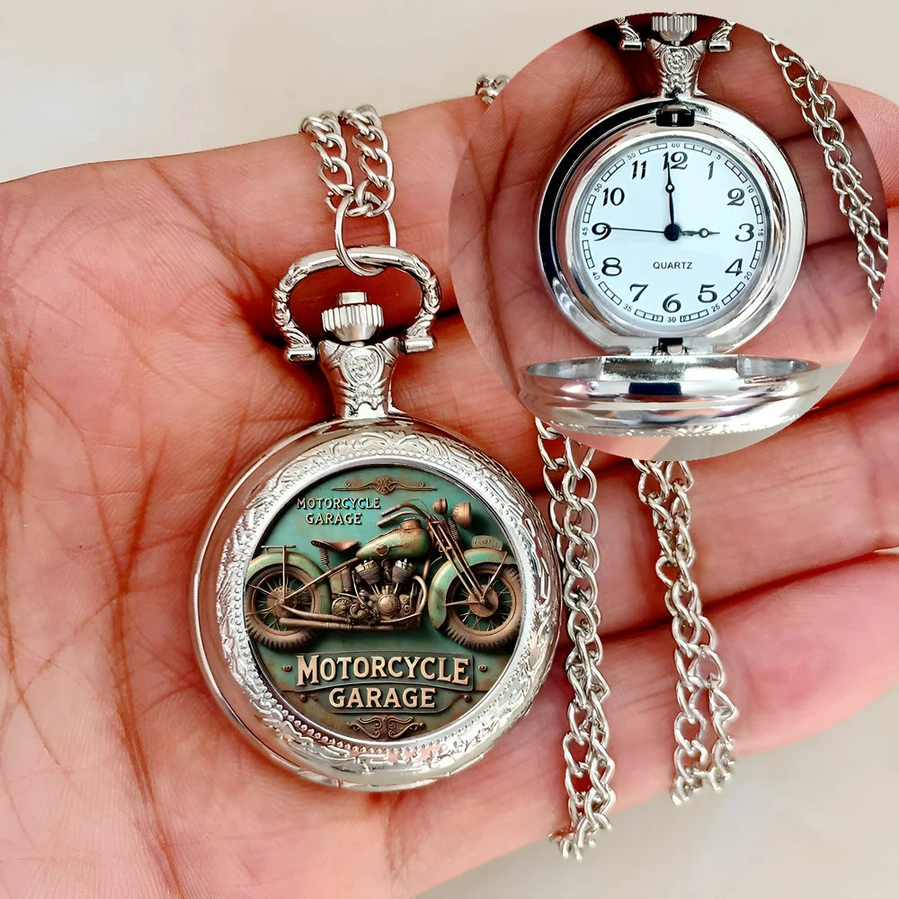 Vintage Motorcycle Biker Pocket Watch — Necklace Pendant