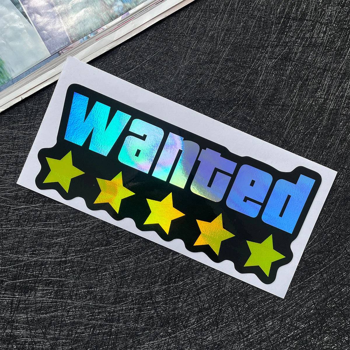 WANTED Holographic Laser Motorcycle Sticker – Waterproof Vinyl Decal