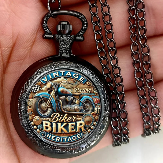 Vintage Motorcycle Biker Pocket Watch — Necklace Pendant