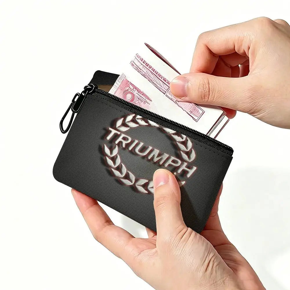 Motorcycle Print Oxford Coin Purse – Mini Zipper Pouch with Carabiner Hook