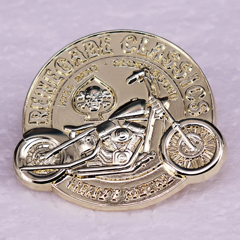 Classic Chopper Motorcycle Brooch | Gold Round Biker Pin Badge