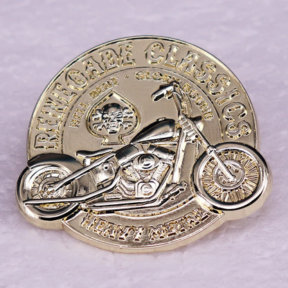 Classic Chopper Motorcycle Brooch | Gold Round Biker Pin Badge