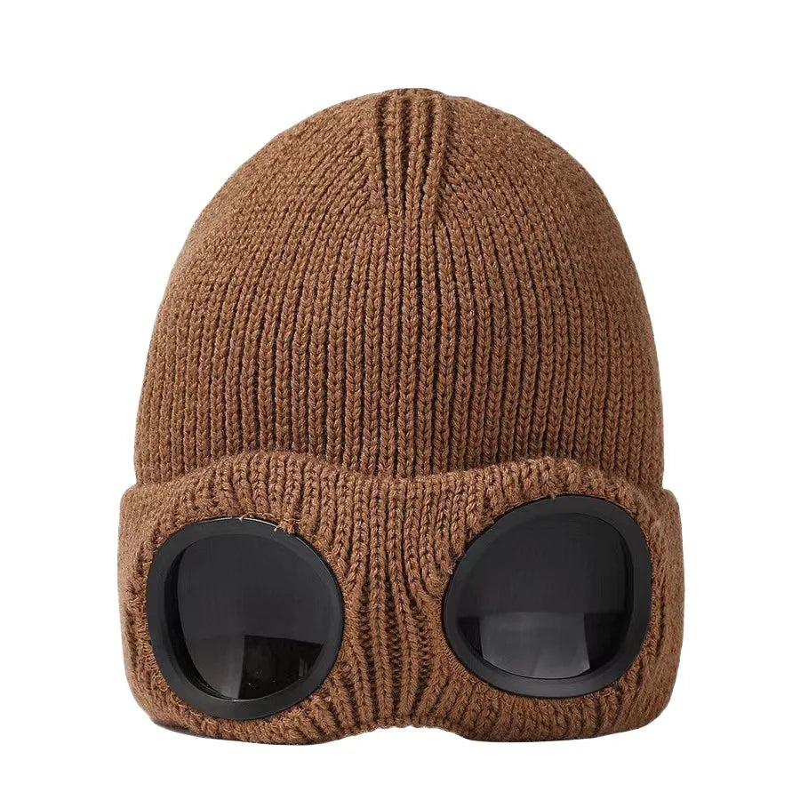 Knitted Winter Beanie with Goggles – Windproof Unisex Ski & Rider Hat