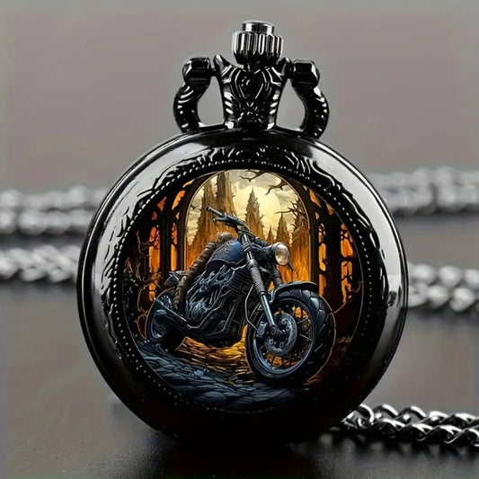 Classic Vintage Motorcycle Quartz Pocket Watch – Black with Chain