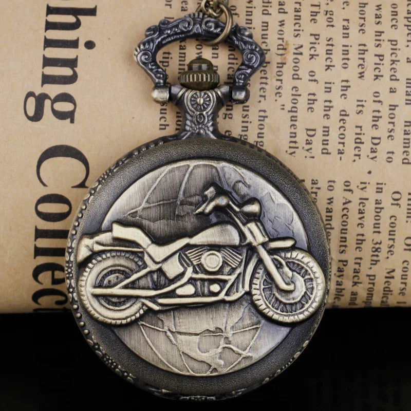 Vintage Bronze Motorcycle Pocket Watch – Quartz Necklace Gift