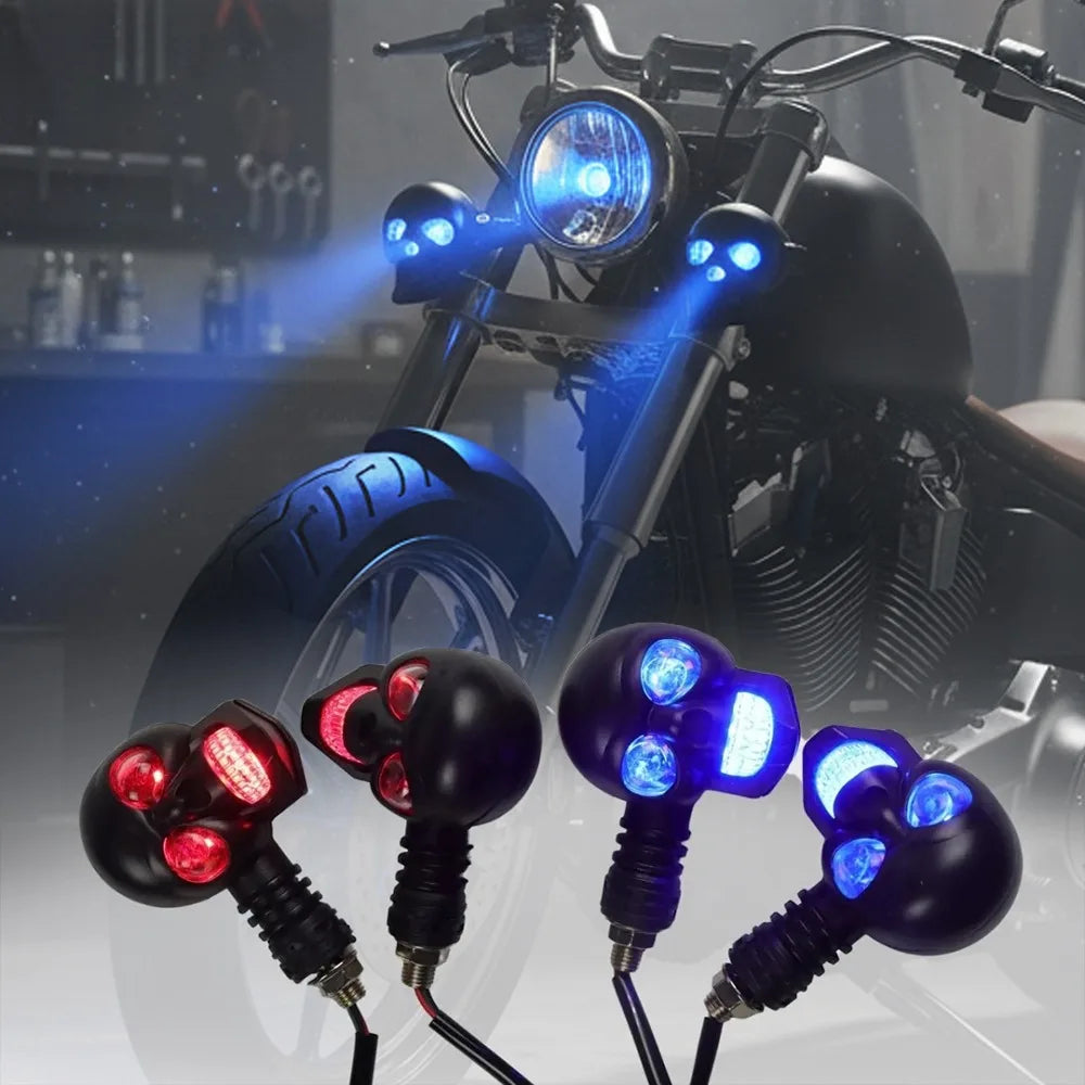 Skull Style LED Motorcycle Turn Signal Indicators – Pair | Blue & Red