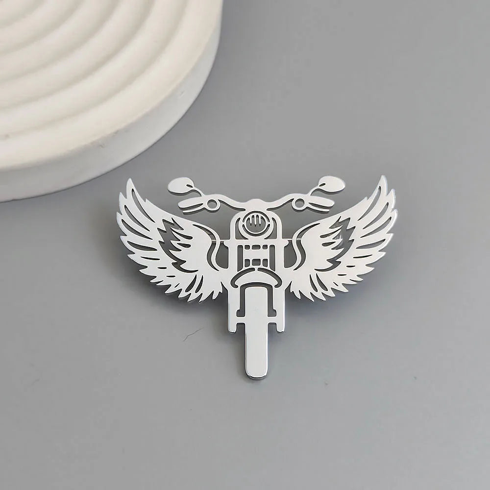 Winged Motorcycle Brooch Lapel Pin — Stainless Steel