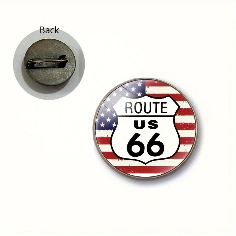 Route 66 Vintage Glass Dome Brooch Pin – Motorcycle Americana Badge