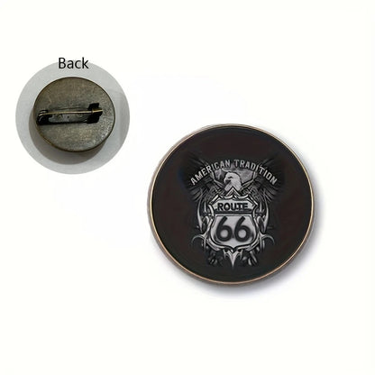 Route 66 Vintage Glass Dome Brooch Pin – Motorcycle Americana Badge
