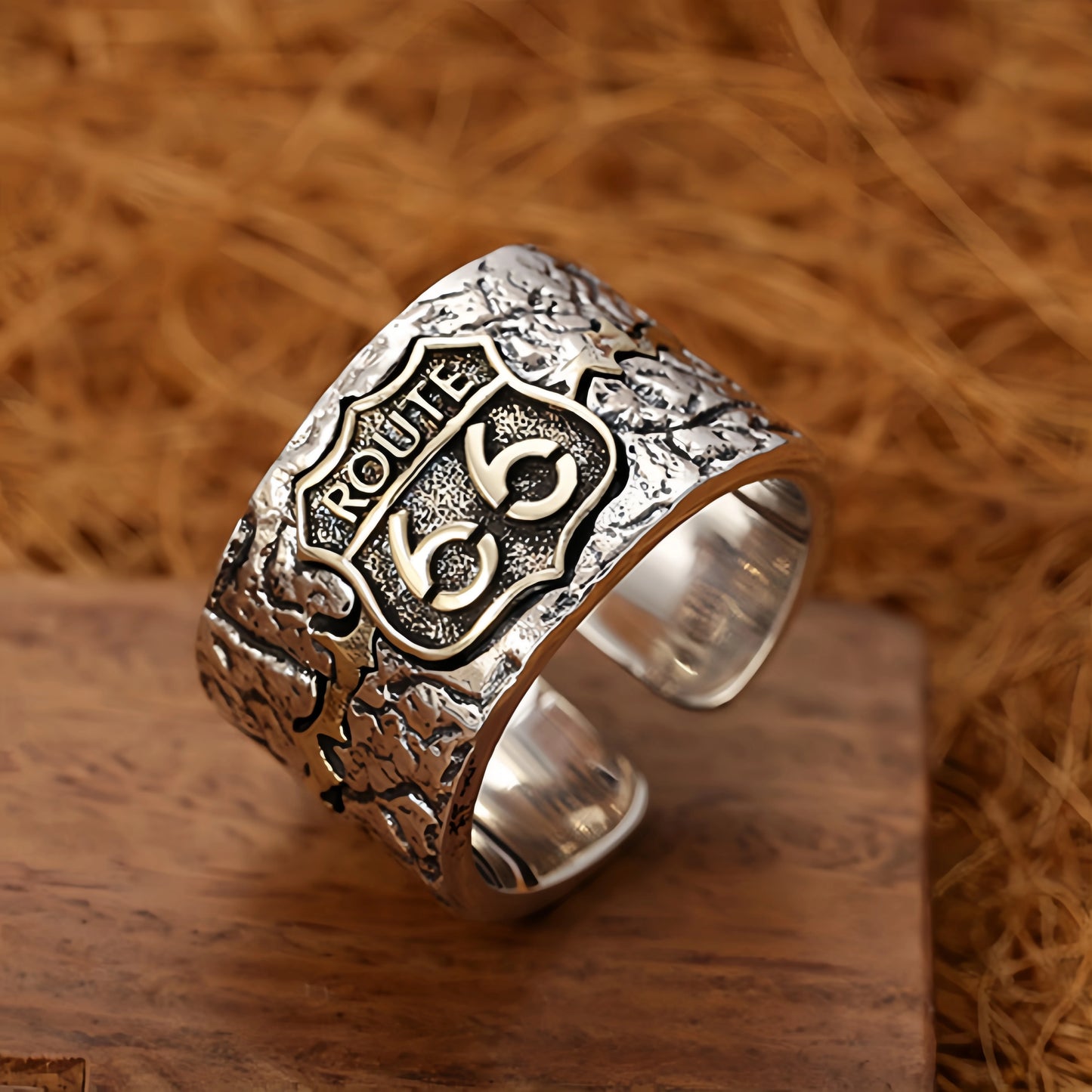 Route 66 Adjustable Open Ring — Silver-Plated Punk Biker