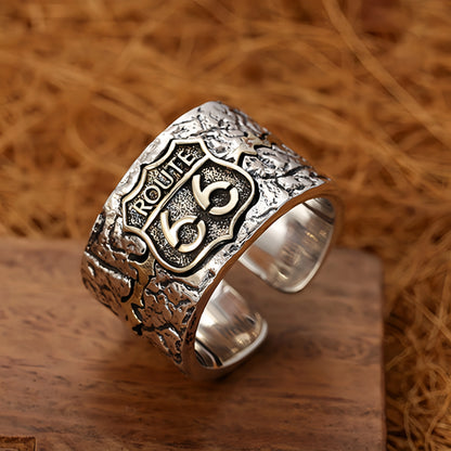 Route 66 Adjustable Open Ring — Silver-Plated Punk Biker
