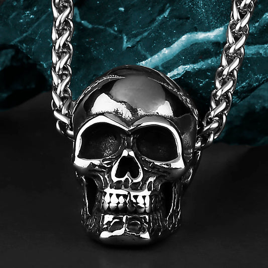 Gothic Skull Pendant Necklace – 316L Stainless Steel Wheat Chain
