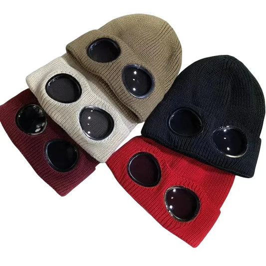 Knitted Winter Beanie with Goggles – Windproof Unisex Ski & Rider Hat