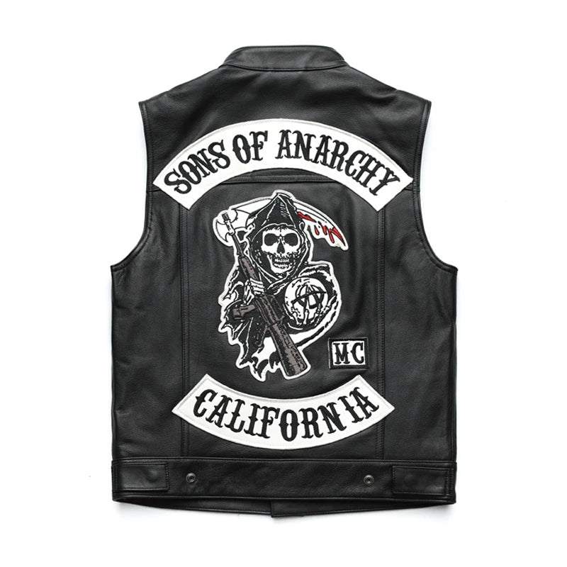 Gilet in pelle da motociclista punk da uomo – gilet da moto con teschio ricamato