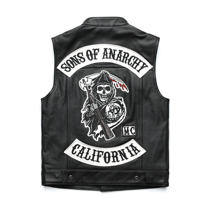 Gilet in pelle da motociclista punk da uomo – gilet da moto con teschio ricamato