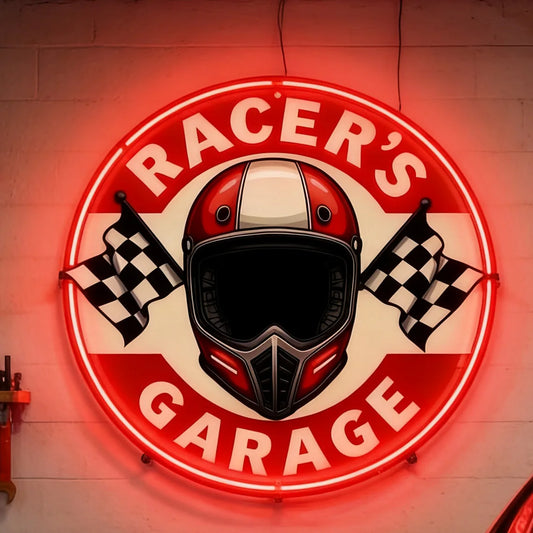 Racer's Garage LED Neon Sign – Retro Helmet & Racing Flag Wall Decor