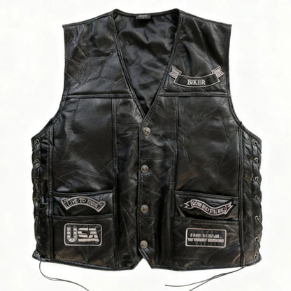 Punk Biker Vest – Skull Patch Embroidered Motorcycle Waistcoat