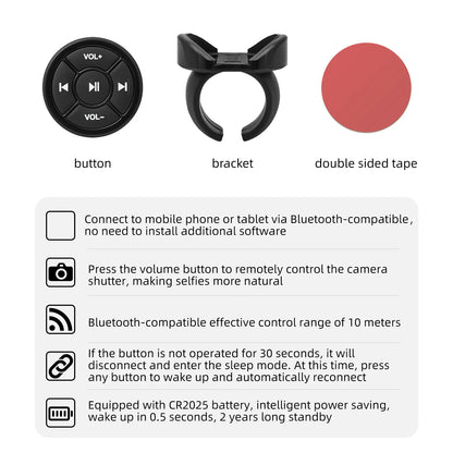 Wireless Bluetooth Media Button – Handlebar & Steering Wheel Mount Music Controller iOS Android 10m