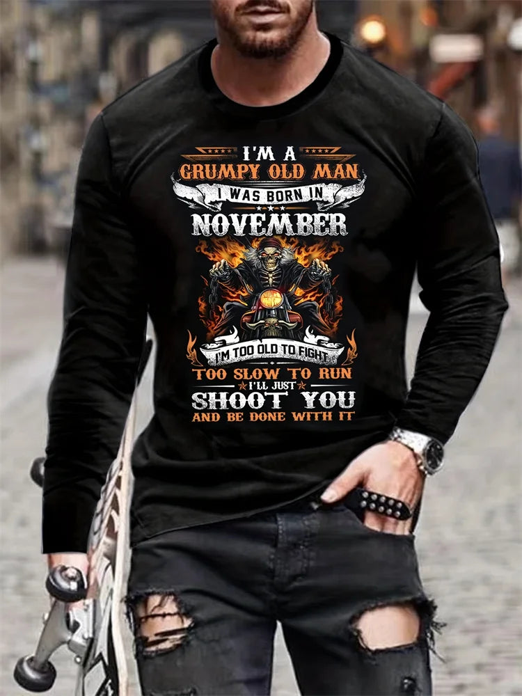 Vintage Motorcycle Print Long Sleeve T-Shirt – Men’s Moto Enthusiast Top, 6 Designs