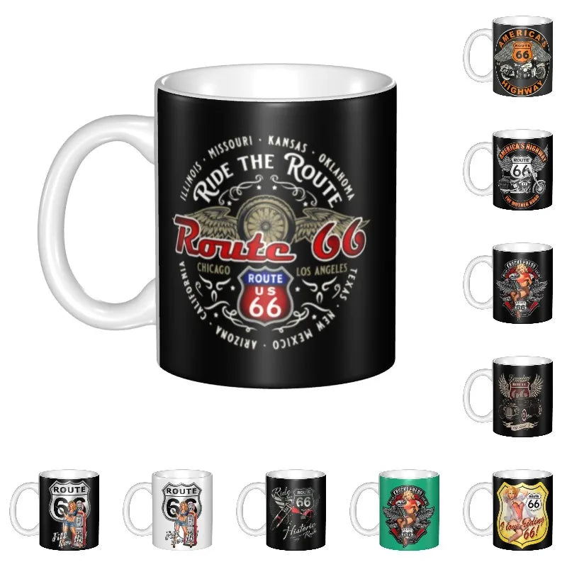 Route 66 Biker Mug – Vintage Motorcycle Ceramic Coffee Cup