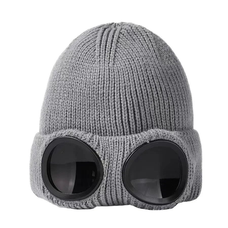 Knitted Winter Beanie with Goggles – Windproof Unisex Ski & Rider Hat