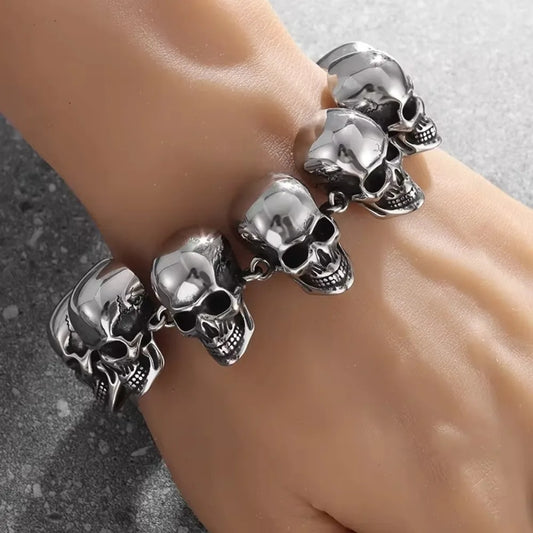 Full Skull Chain Bracelet – Gothic Biker Jewelry | Silver Alloy | 23 cm