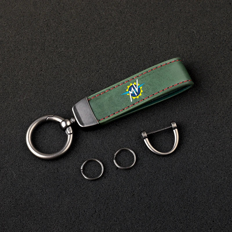 Italian Racing Crest Leather Motorcycle Keychain – Stitched Strap & Double Ring