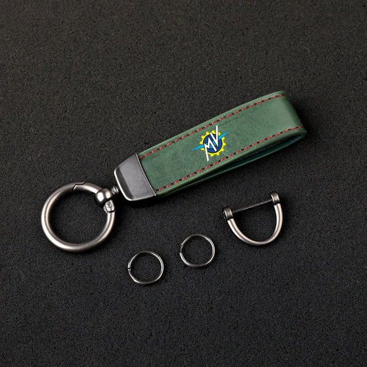 Italian Racing Crest Leather Motorcycle Keychain – Stitched Strap & Double Ring