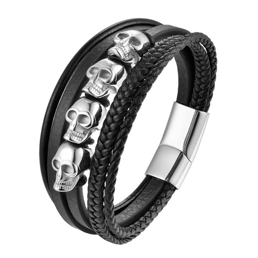 Men’s Punk Leather Bracelet – Skull Charm Magnetic Stainless Steel Bangle