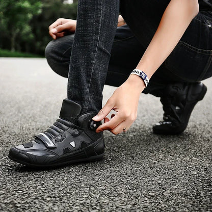 Unisex Leather Motorcycle Ankle Boots – Breathable Mesh Anti-Slip Riding Shoes