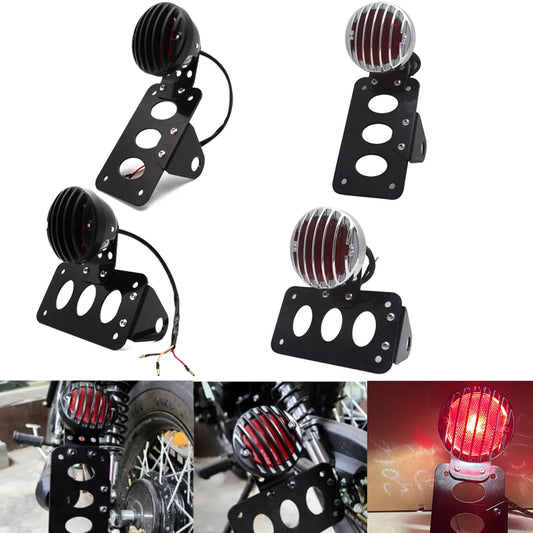Universal 12V Retro Fin Grill Tail Light with Side-Mount License Plate Bracket – Bobber Chopper Custom