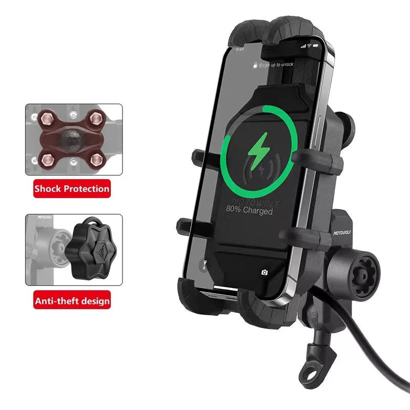 Motorcycle Phone Holder with Wireless Charging – 360° Mount