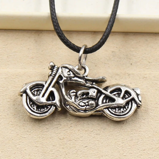 Tibetan Silver Motorcycle Charm Choker Necklace – Black Leather Cord