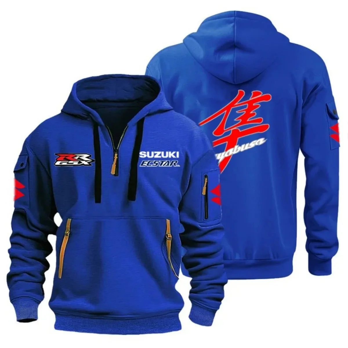 Motorcycle Rider Hoodie – Multi-Pocket Semi-Zip Graphic Sweatshirt