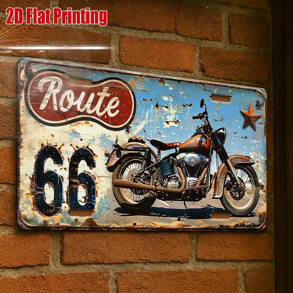 레트로 Route 66 오토바이 메탈 사인 – 빈티지 디스트레스드 벽 장식 패널, 15×30cm