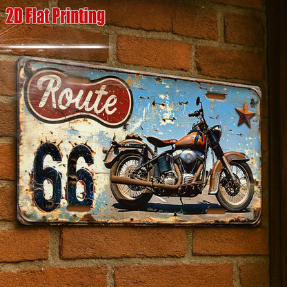 레트로 Route 66 오토바이 메탈 사인 – 빈티지 디스트레스드 벽 장식 패널, 15×30cm
