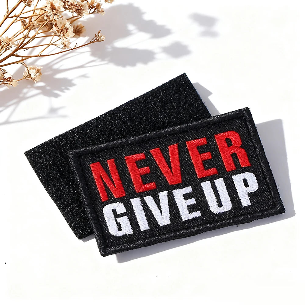 "Never Give Up" Biker Embroidered Hook & Loop Patch – Set of 2