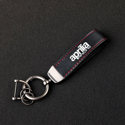 Racing Embossed Leather Motorcycle Keychain – Stitched Strap & Double Ring