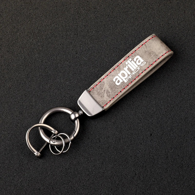 Racing Embossed Leather Motorcycle Keychain – Stitched Strap & Double Ring