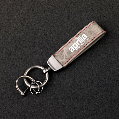 Racing Embossed Leather Motorcycle Keychain – Stitched Strap & Double Ring