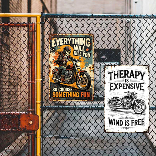 Vintage Biker Metal Tin Sign Set – 2pcs Motorcycle Wall Decor