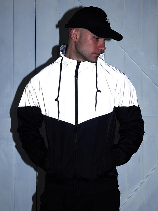 Men’s Night Reflective Hooded Patchwork Jacket – Loose Fit Streetwear Windbreaker