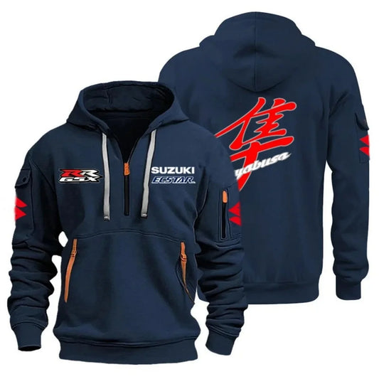 Motorcycle Rider Hoodie – Multi-Pocket Semi-Zip Graphic Sweatshirt