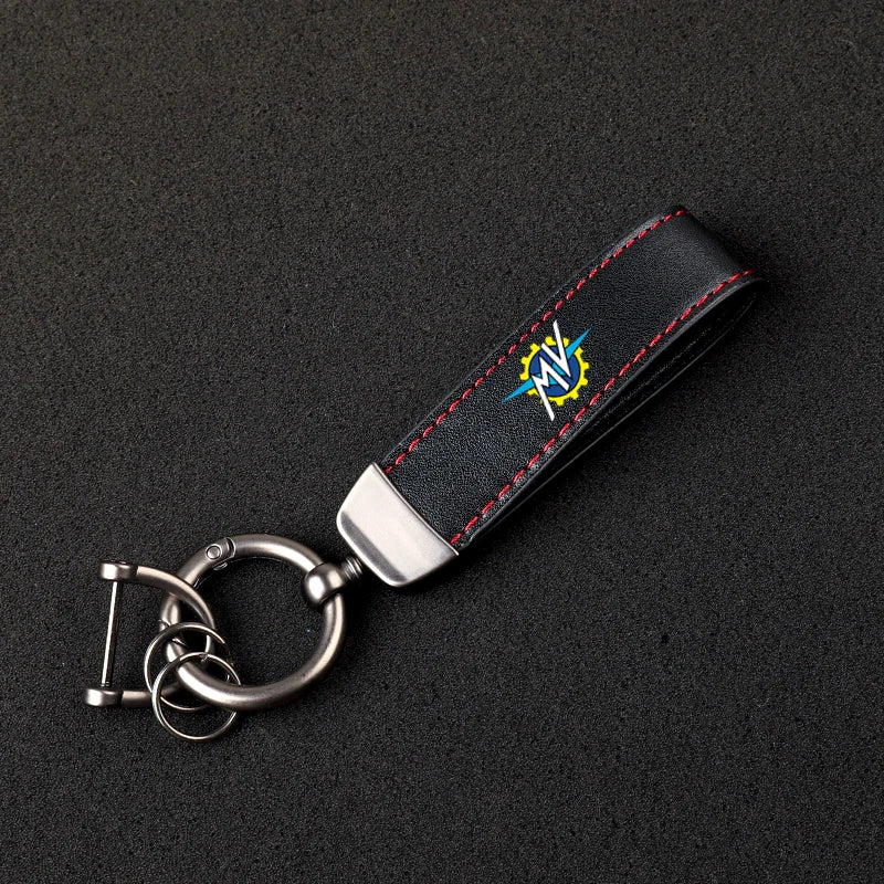 Italian Racing Crest Leather Motorcycle Keychain – Stitched Strap & Double Ring