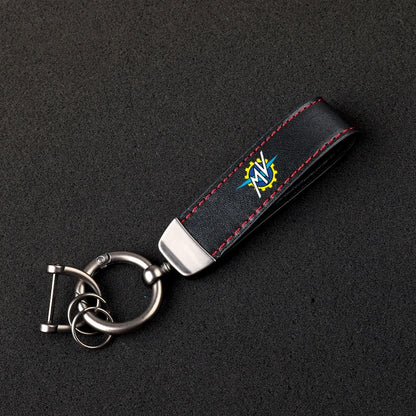 Italian Racing Crest Leather Motorcycle Keychain – Stitched Strap & Double Ring