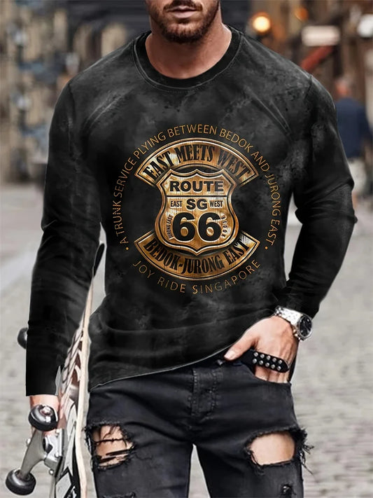 Vintage Motorcycle Print Long Sleeve T-Shirt – Men’s Moto Enthusiast Top, 6 Designs