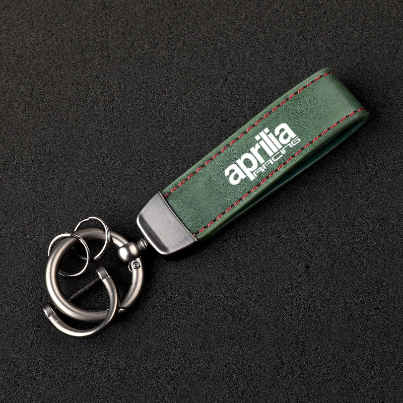 Racing Embossed Leather Motorcycle Keychain – Stitched Strap & Double Ring