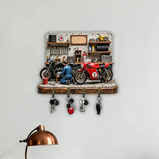 Motorcycle-Themed Wooden Key Rack with 4 Metal Hooks – Wall Decor