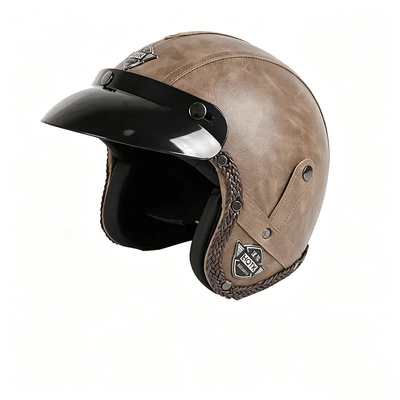 Classic Half-Face Motorcycle Helmet – Faux Leather Open Face Design, Unisex All Seasons