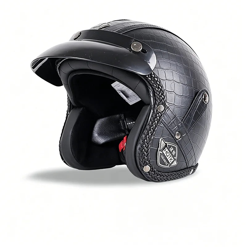 Classic Half-Face Motorcycle Helmet – Faux Leather Open Face Design, Unisex All Seasons